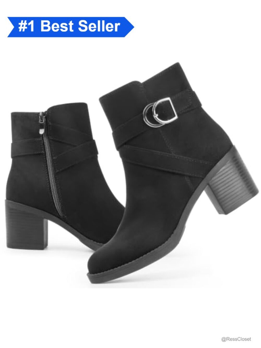 Women's Chunky Stacked Heel Ankle Boots Side Zipper Buckle Strap Booties